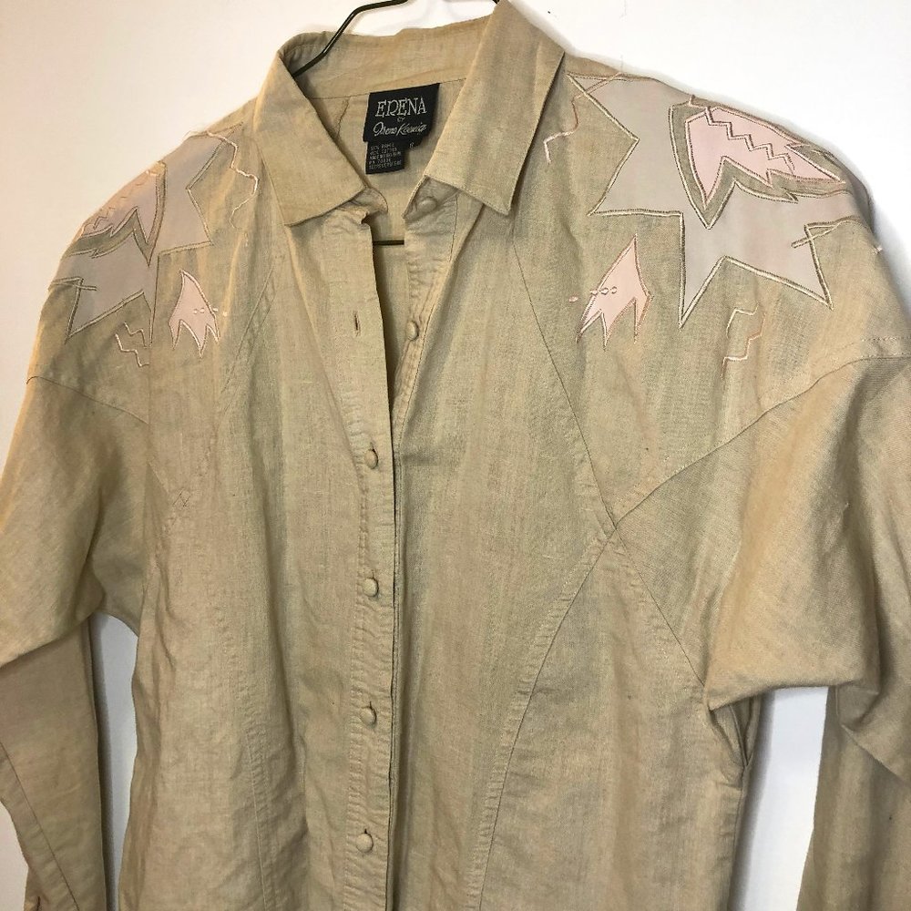 1980s Vintage Cowboy Tan & Pink Geomertic Blouse